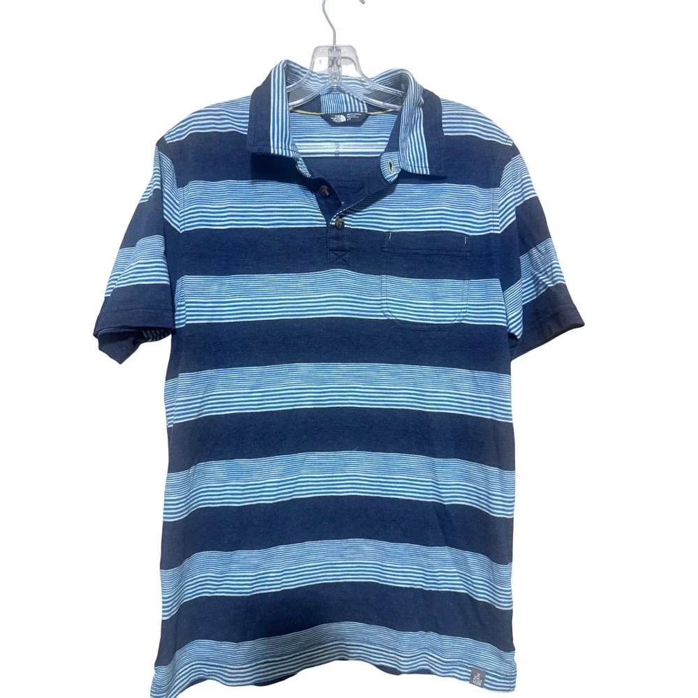 The North Face Mens Blue Striped Short Sleeve Pocket Polo Shirt Size Small